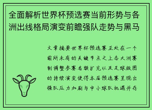 全面解析世界杯预选赛当前形势与各洲出线格局演变前瞻强队走势与黑马机会